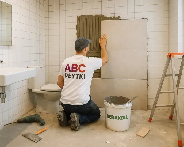 Fachowiec układa płytki na płytki w łazience. Na koszulce widnieje napis "ABC PŁYTKI".