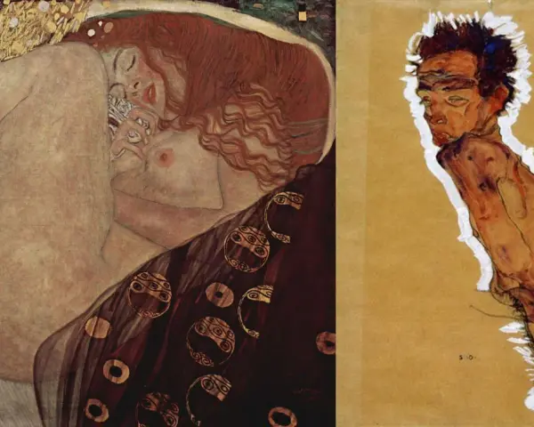 Dwie prace: "Pocałunek" Gustava Klimta, austriackiego malarza, i ekspresyjny portret mężczyzny autorstwa Egona Schiele.