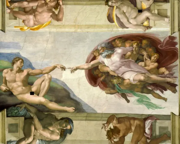 Boski dotyk, iskra życia. Michelangelo ukazuje stworzenie świata, gdy Bóg tchnie życie w Adama.