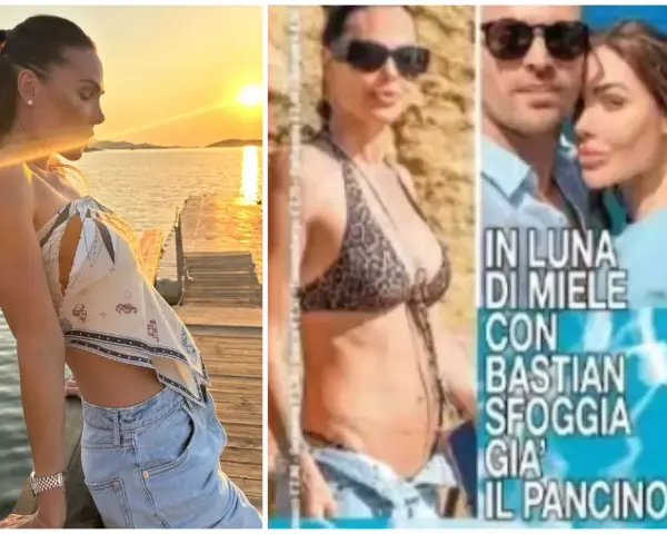 Ilary Blasi incinta, in luna di miele con Bastian, sfoggia il pancino al tramonto.
