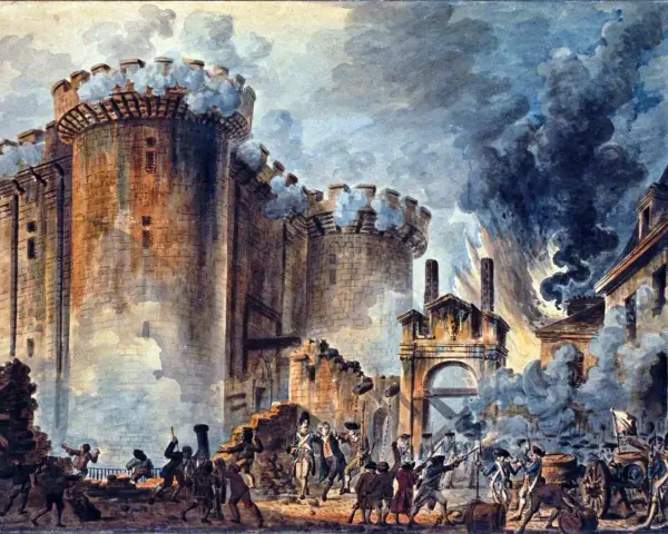 La toma de la Bastilla, símbolo de la escarapela revolucionaria francesa. Humo y caos en el asalto.