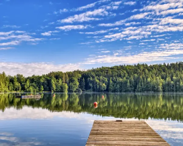 Holzsteg am ruhigen Badesee Dresden, umgeben von üppigem Grün und blauem Himmel mit Wolken.