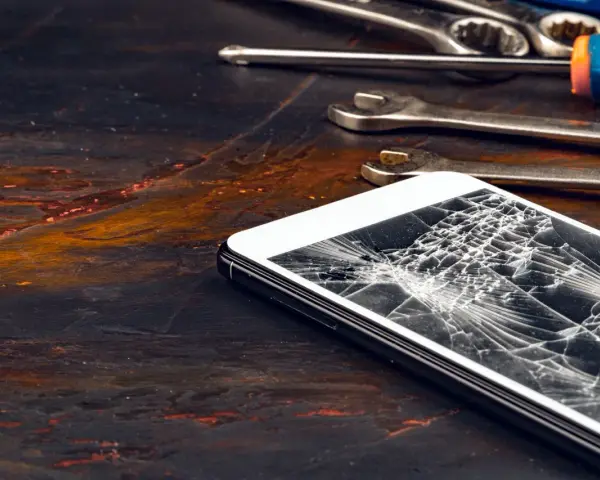 Zepsuty ekran telefonu leży obok narzędzi. Pęknięcia tworzą pajęczynę na szkle.