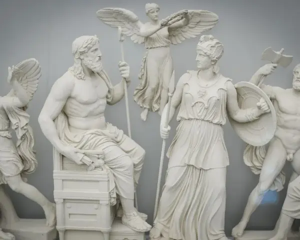 A frieze depicting ancient pagan gods and goddesses, with Zeus seated and Athena standing, surrounded by winged figures and warriors.