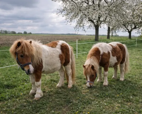 Deux adorables poneys shetland pie, l'un regardant vers l'objectif, l'autre broutant paisiblement dans un pré fleuri sous un ciel nuageux.
