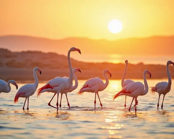 Różowe flamingi na Djerbie spacerują w płytkiej wodzie o zachodzie słońca.