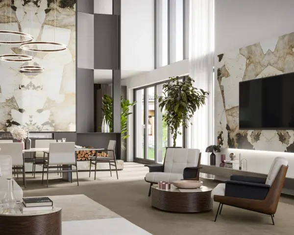 Idee arredare salotto e sala da pranzo insieme: un ambiente moderno con pareti in pietra, mobili di design e illuminazione scenografica.