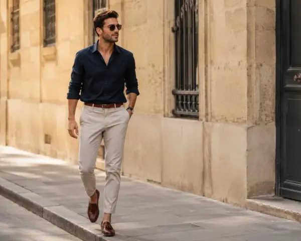 Mężczyzna w granatowej koszuli i beżowych spodniach, prezentujący styl smart casual, spaceruje ulicą.