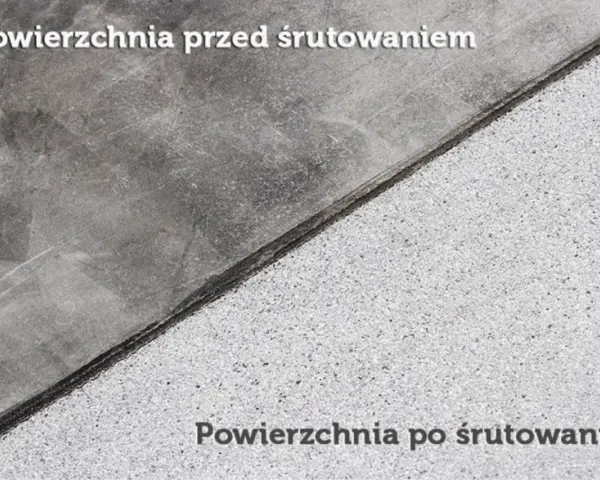 Beton przed i po groszkowaniu. Gładka powierzchnia po lewej, chropowata po prawej.