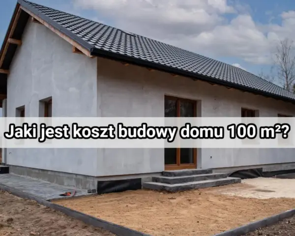 Szary dom w trakcie budowy, z widocznym dachem i oknami. Na froncie napis "Jaki jest koszt budowy domu 100 m²?".