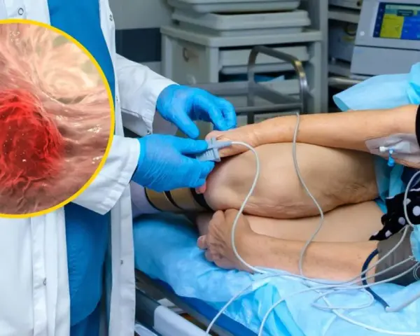 Lekarz w rękawiczkach przygotowuje pacjenta do zabiegu, ilustrując najnowsze metody leczenia raka jelita grubego. W powiększeniu widać komórki nowotworowe.