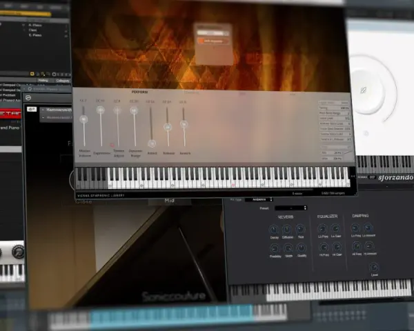 Ein Bildschirm mit einem **VST-Sampler** und verschiedenen Musiksoftware-Fenstern, darunter eine virtuelle Tastatur und Effekte.
