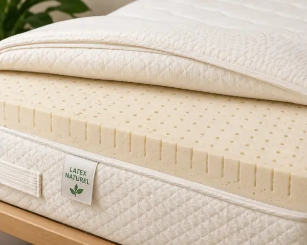 Coupe d'un matelas révélant une couche de latex naturel perforé, gage de confort et de respirabilité.