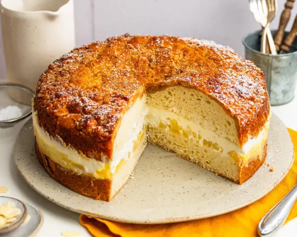 Ein köstlicher Kuchen mit Buttercreme-Füllung und Mandeldecke, inspiriert von Landfrauen Kuchen Rezepten.