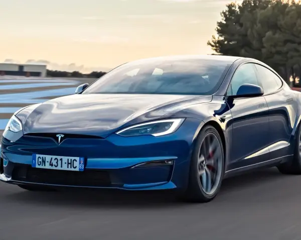 Niebieski Tesla Model S na torze wyścigowym. Sprawdź aktualną tesla model s cena i osiągi tego elektrycznego cudu techniki.