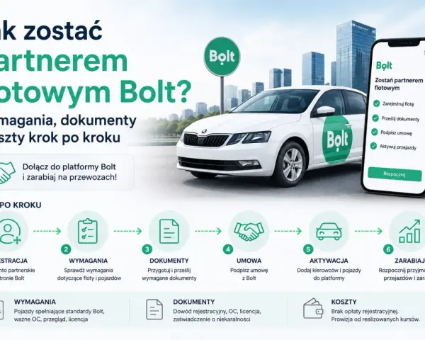 Jak zostać partnerem flotowym Bolt? Zarejestruj flotę, prześlij dokumenty, podpisz umowę i zacznij zarabiać na przewozach.