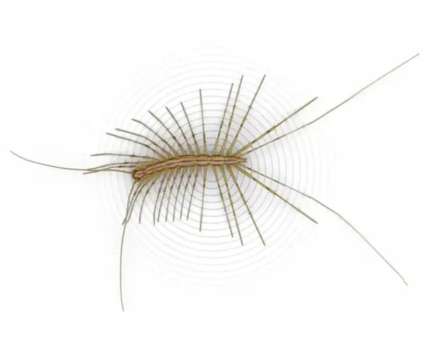 Un ciempiés casero, con sus patas largas y delgadas extendidas, parece flotar sobre un fondo blanco con ondas concéntricas.