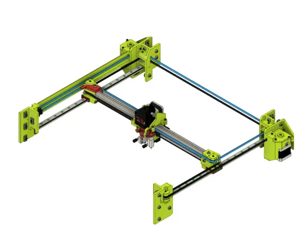 Konstrukcja drukarki 3D z mechanizmem core xy. Zielone elementy, czarne i niebieskie paski napędowe.