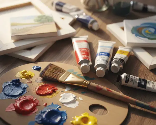 Palette en bois avec des touches de peinture à l'huile, un pinceau, des tubes de couleur et des toiles. Prêt à commencer la peinture à l'huile.