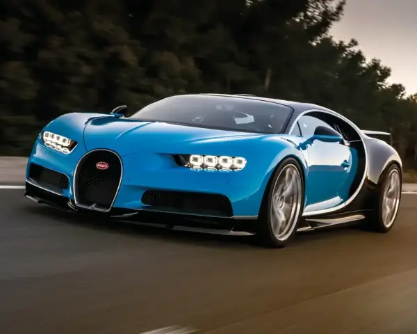 Niebieski Bugatti Chiron pędzi po drodze. Jego cena jest astronomiczna, ale wrażenia z jazdy bezcenne.