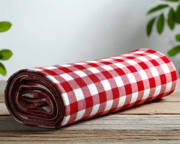 Tovaglia a quadri rossi e bianchi arrotolata su un tavolo di legno. Cos'è la fantasia? È l'immaginazione che crea scenari, come un picnic in un prato.
