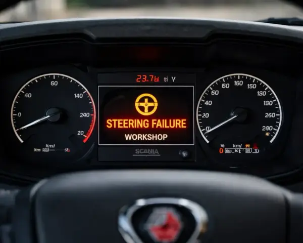 Awaria układu kierowniczego na desce rozdzielczej Scanii. Komunikat "STEERING FAILURE WORKSHOP" sugeruje problem z blokadą kierownicy.