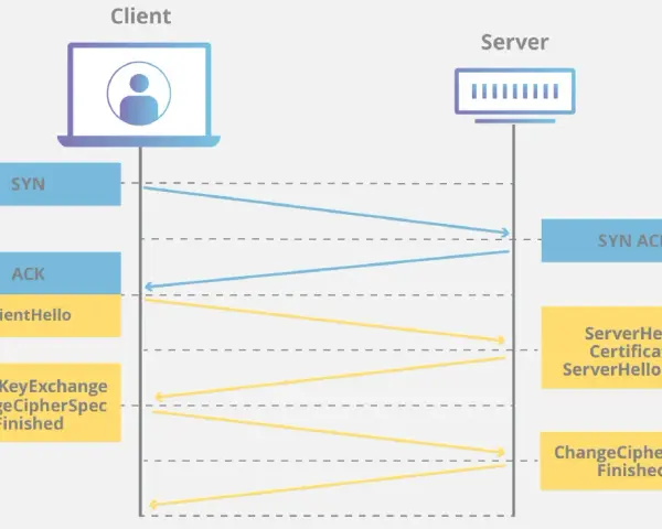 Diagram shows a client and server exchanging messages for SSL/TLS handshake, including SYN, ACK, ClientHello, and ServerHello.
