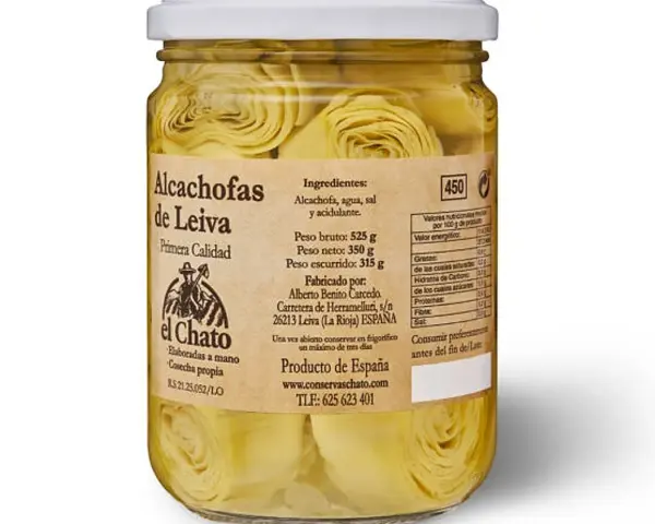 Tarro de cristal con corazones de alcachofa en conserva, marca "El Chato", producto de España.