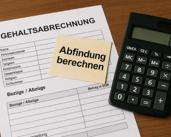 Gehaltsabrechnung mit Notiz "Abfindung berechnen" und Taschenrechner. Wichtig für die Berechnung der Abfindung bei einem Minijob.