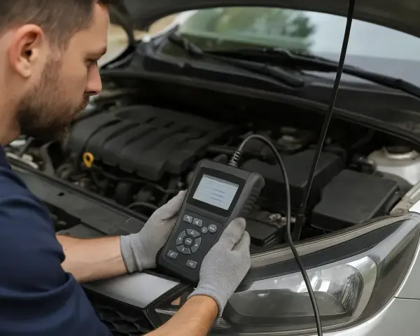 Meccanico con scanner diagnostico controlla perché l'immobilizer auto non parte.