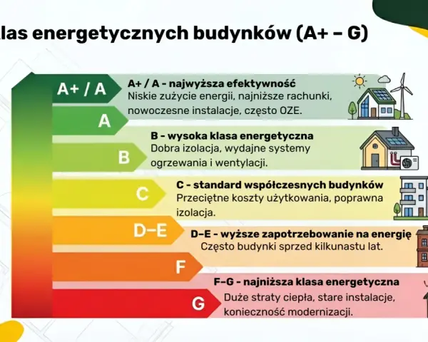 Skala klas energetycznych budynków (A+ do G). Od A+ (najwyższa efektywność, niskie rachunki) do G (najniższa klasa energetyczna, duże straty ciepła).