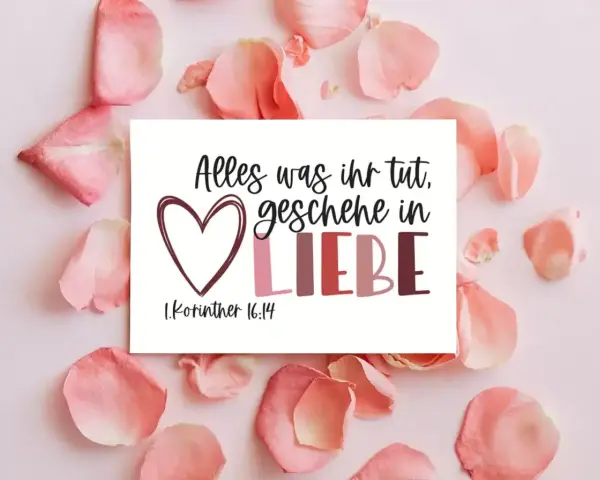Herzförmige Karte mit dem Spruch "Alles was ihr tut, geschehe in LIEBE. 1.Korinther 16:14", umgeben von zarten rosa Blütenblättern.