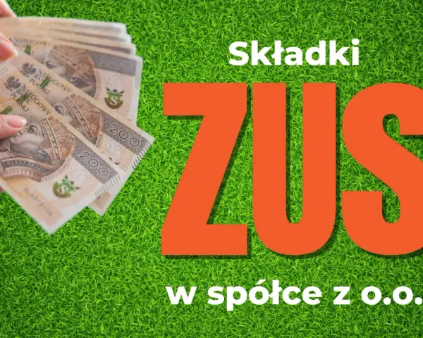 Ręka trzyma banknoty 200 zł. Obok napis "Składki ZUS w spółce z o.o.". Umowa o dzieło a podatek ZUS.
