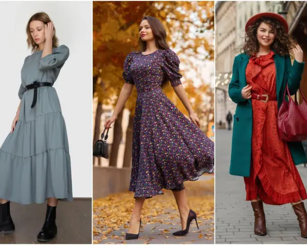 Tres mujeres lucen vestidos midi. Una lleva un vestido gris con botas negras. Otra, un vestido floral con tacones. La tercera, un vestido rojo con abrigo verde y botas. Ideas de qué ponerse encima de un vestido midi.
