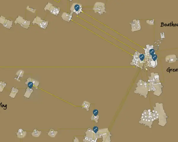 Mapa de Hogwarts Legacy con llaves del Dédalo marcadas. Muestra el Gran Comedor, el South Wing y el Boathouse.