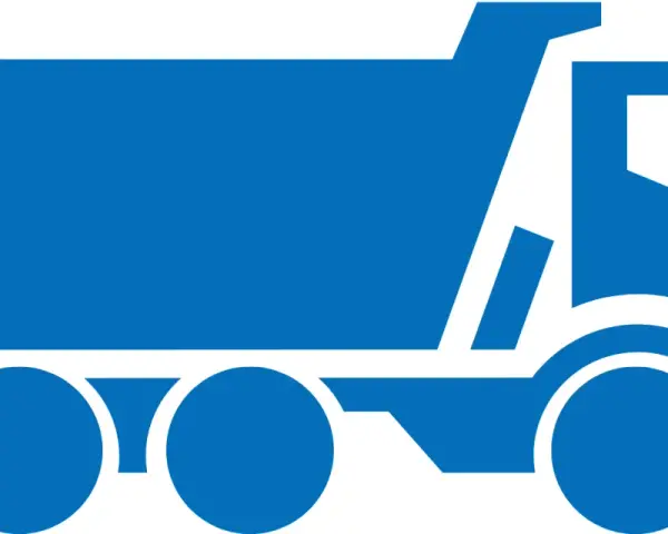 Niebieski symbol wywrotki, przypominający winietę węgry, gotowy do transportu.