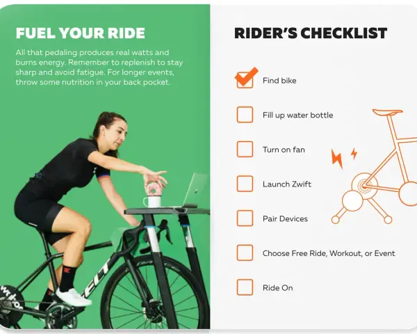 Woman on a bike trainer reaching for a donut, with a checklist for Zwift getting started.