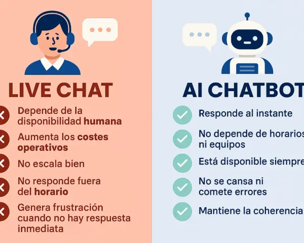 Comparativa entre Live Chat y AI Chatbot. La inteligencia artificial chat ofrece respuestas instantáneas y disponibilidad constante, a diferencia del chat humano.