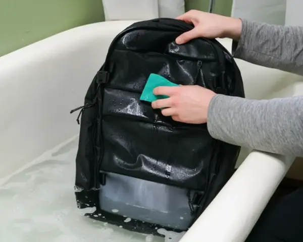 Se puede lavar una mochila en la lavadora. Alguien limpia una mochila negra en una bañera con agua y jabón.