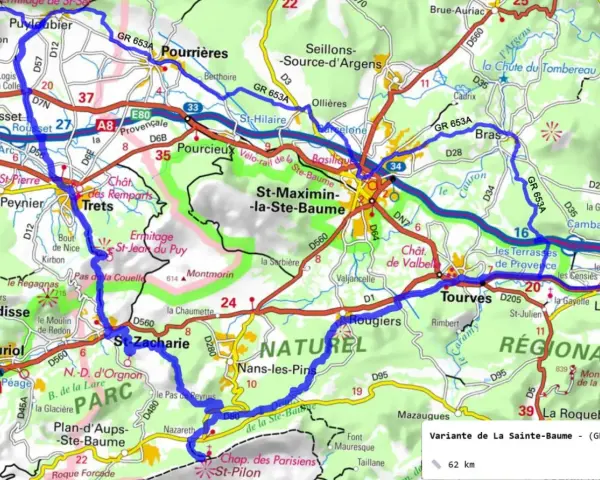 Carte des sentiers de la Sainte-Baume, idéale pour une randonnée.