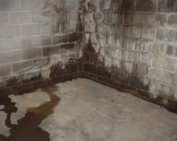 Water stains and pooling on a concrete floor and cinder block walls indicate a serious moisture problem. Learn how to get rid of moisture in basement effectively.