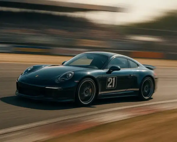 Une Porsche 911 noire, numéro 21, file sur un circuit. Le mouvement est capturé par un photo filé, créant un flou artistique autour de la voiture.