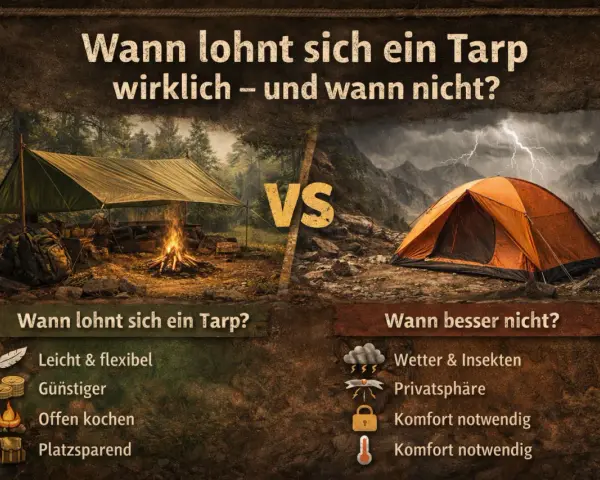 Ein Tarp bietet leichten Schutz beim Kochen im Freien. Ein Zelt ist besser bei schlechtem Wetter und für mehr Privatsphäre.