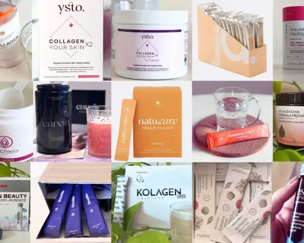 Kolaż produktów z kolagenem, m.in. ysto, natu.care, Doppel Herz. Revibel dla pięknej skóry, włosów i paznokci.