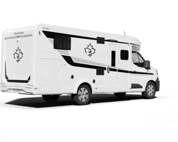 Biały kamper AhornCamp TE 740 First Edition z czarnymi detalami i logo liścia klonu. Gotowy na przygody!