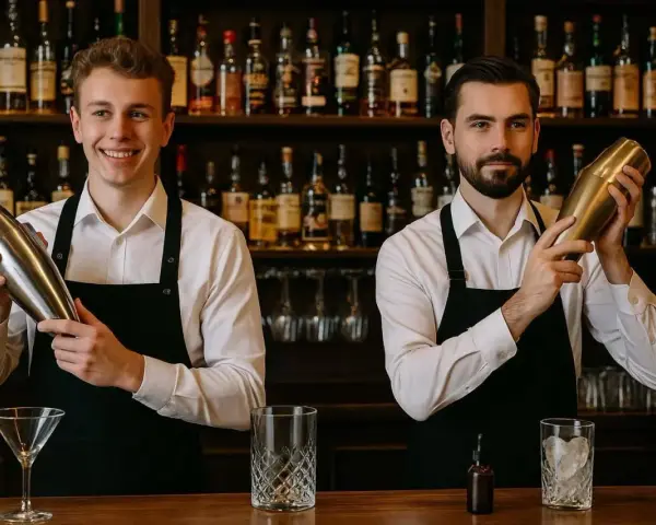 Dwóch barmanów w czarnych fartuchach i białych koszulach trzyma shakery do drinków na tle półek z butelkami alkoholu.