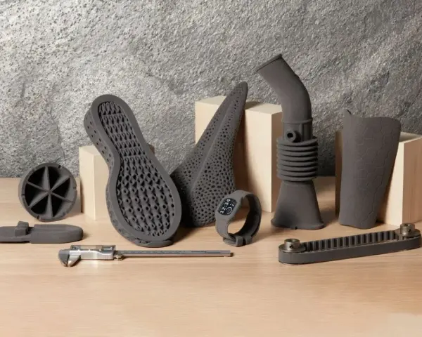 SLS TPU 3D printed objects: shoe sole, fan, cone, pipe, brace, and a timing belt.