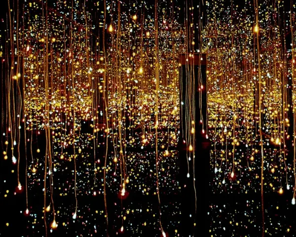 Salle miroir à l'infini, des lucioles scintillent sur l'eau, créant un spectacle lumineux enchanteur.
