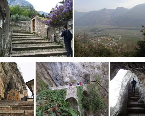 Un uomo sale una scalinata di pietra, parte del sentiero della speranza. Altri scorci mostrano un panorama, una chiesa rupestre e un ponte tra le rocce.