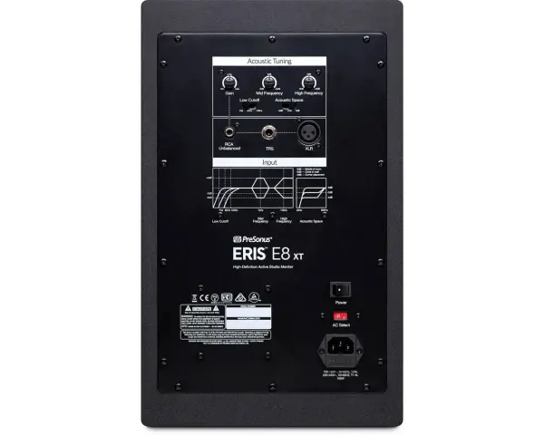 Tył monitora studyjnego PreSonus Eris E8 XT z pokrętłami Gain, Mid/High Frequency, Low Cutoff i złączami Input.